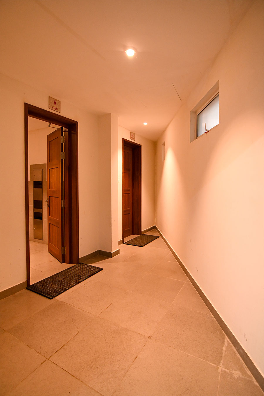 Clean modern restrooms with marble tiles